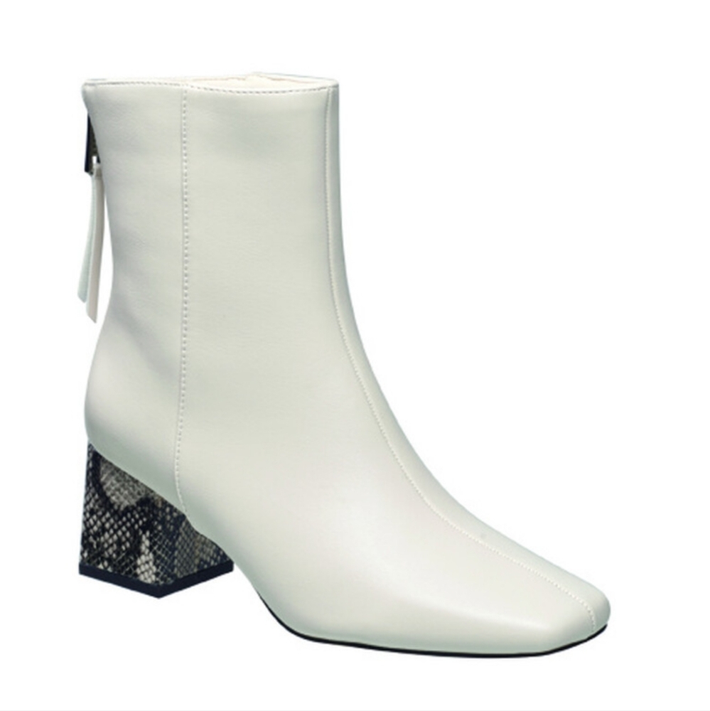 French Connection Tess White Ankle Boots with Snakeskin Heel